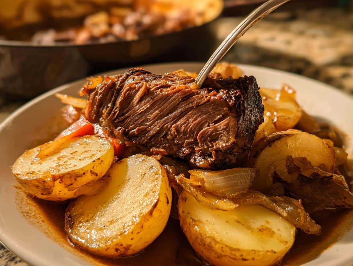 Close-up of a fork piercing a piece of tender, shredded beef served with sliced potatoes in gravy for a Baked Beef & Potato Dinner.