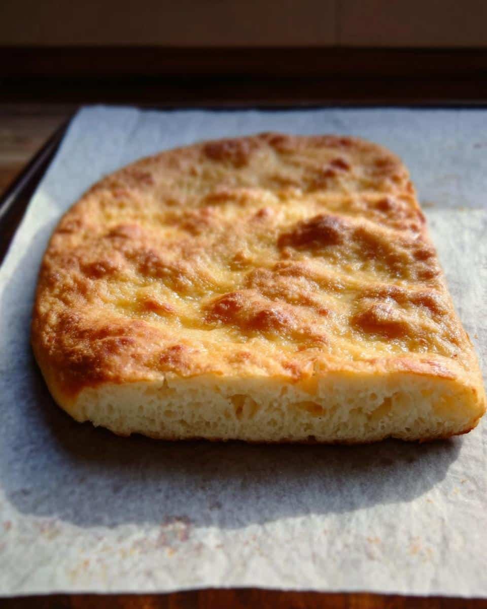 A close-up side view of a golden-brown, baked Fathead Dough Keto Pizza crust resting on parchment paper.