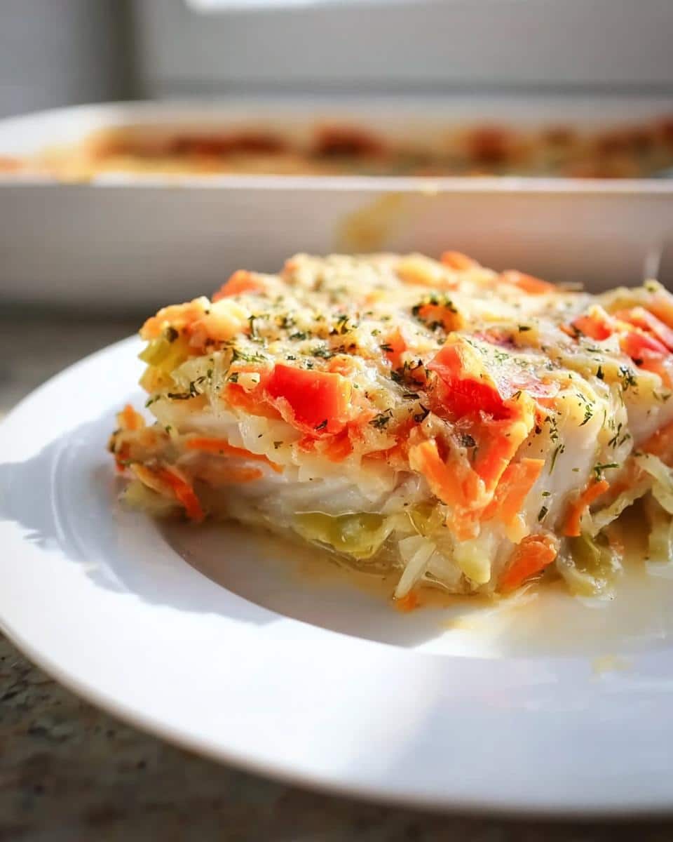 A close-up serving of baked fish with herbs and vegetables, layered with carrots and cabbage, on a white plate.