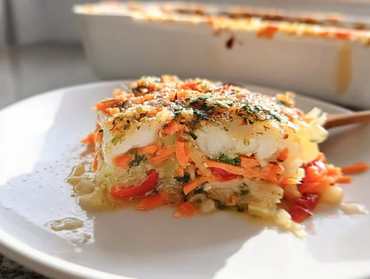 A square serving of baked fish with herbs and vegetables, topped with a golden crust, served on a white plate.