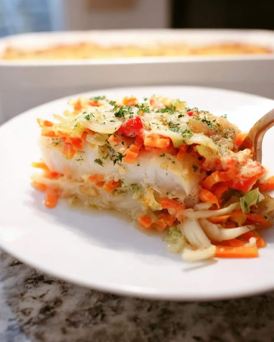A close-up of a serving of baked fish with herbs and vegetables, topped with melted cheese and parsley.