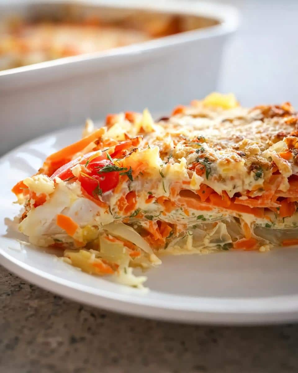A close-up slice of baked fish with herbs and vegetables casserole, showing layers of carrots and creamy sauce.