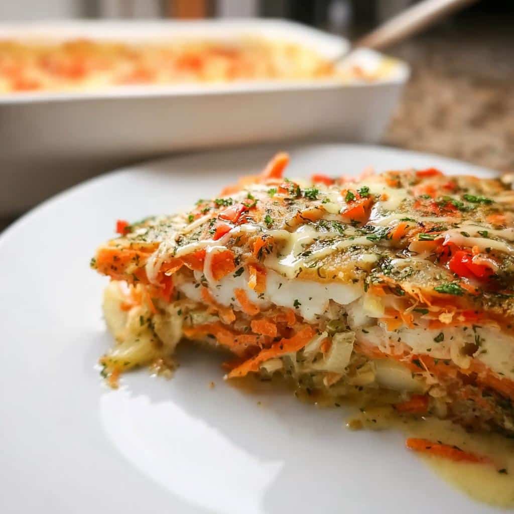 Close-up of a slice of Baked Fish with Herbs & Vegetables, showing flaky white fish layered with shredded carrots and topped with melted cheese.