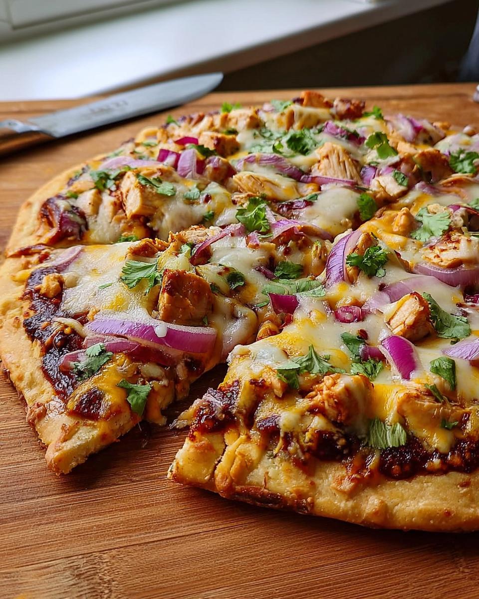 A close-up of a freshly baked BBQ Chicken Pizza topped with melted cheese, chicken chunks, red onion, and cilantro.