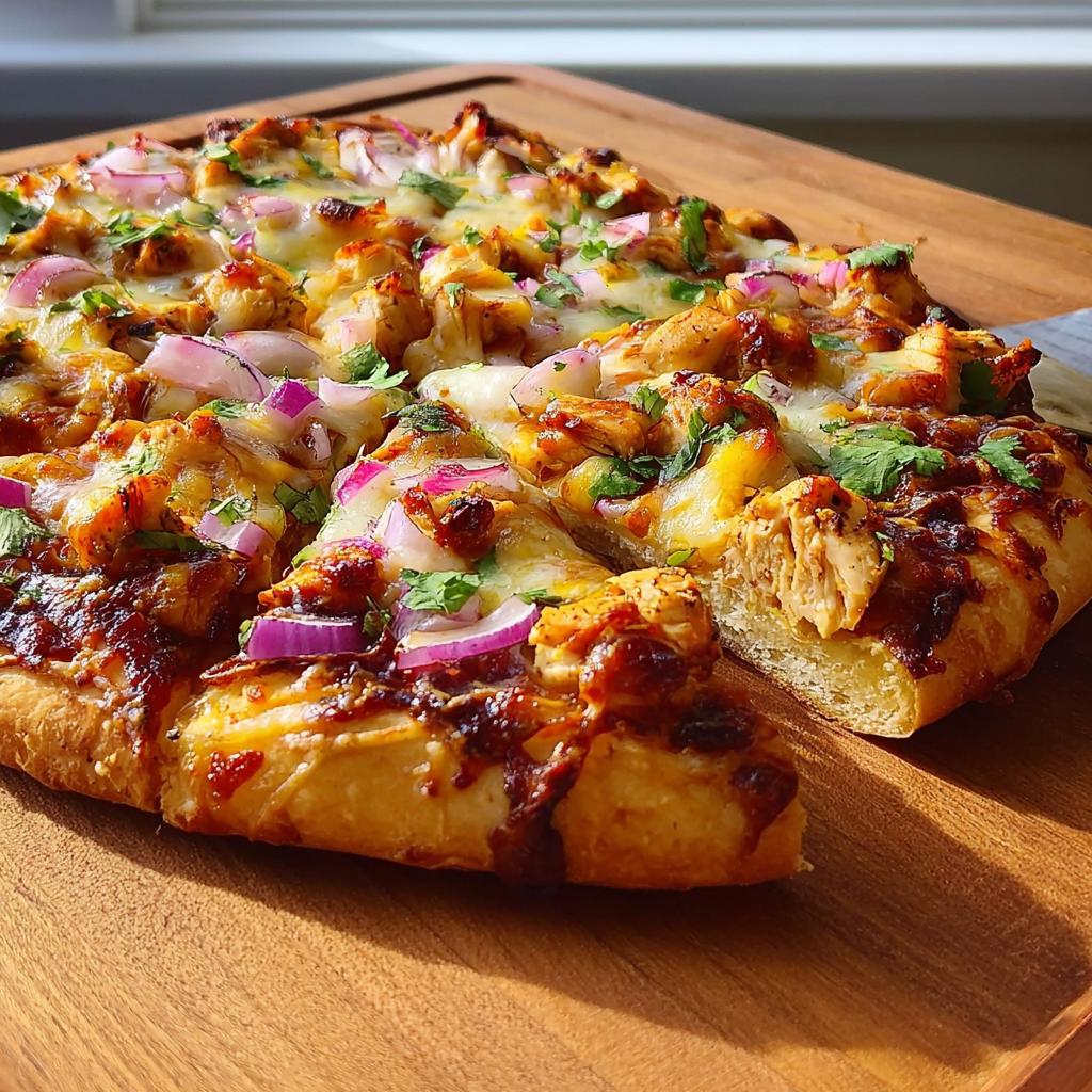A close-up of a freshly baked BBQ Chicken Pizza, topped with chicken, red onion, cheese, and cilantro, resting on a wooden board.