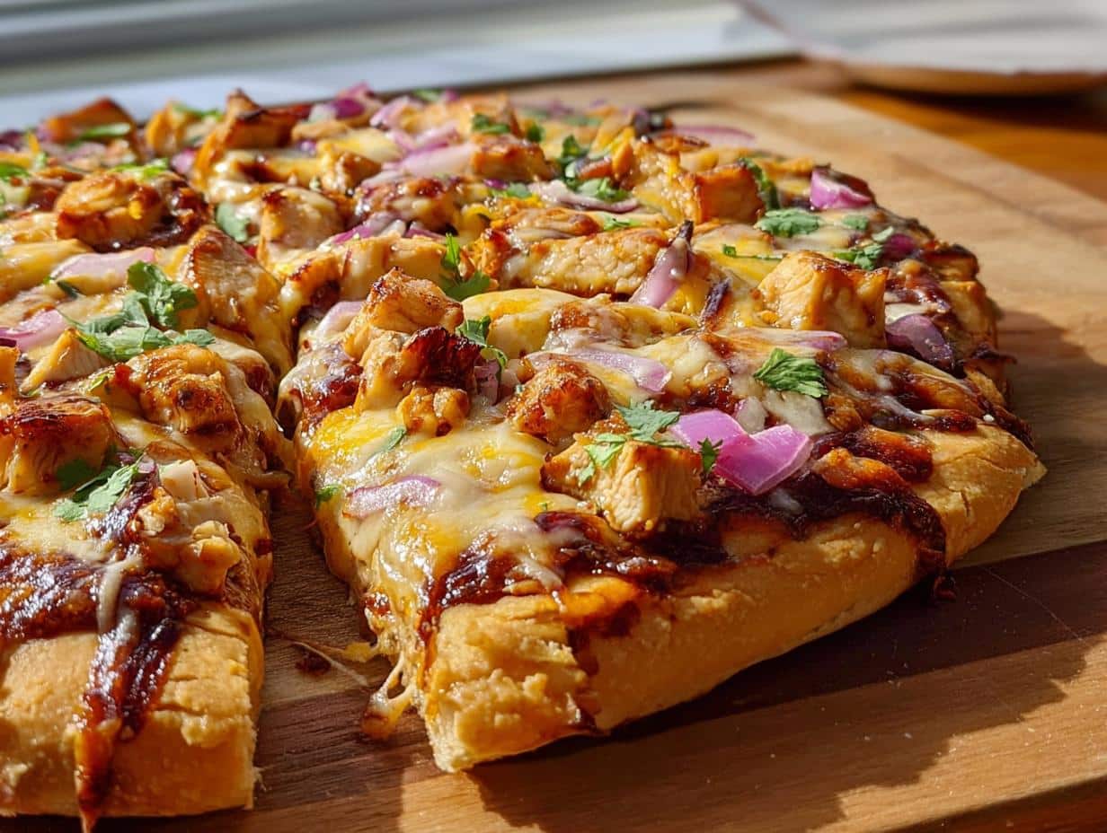 A close-up of a freshly baked BBQ Chicken Pizza, featuring chunks of chicken, melted cheese, red onion, and cilantro.