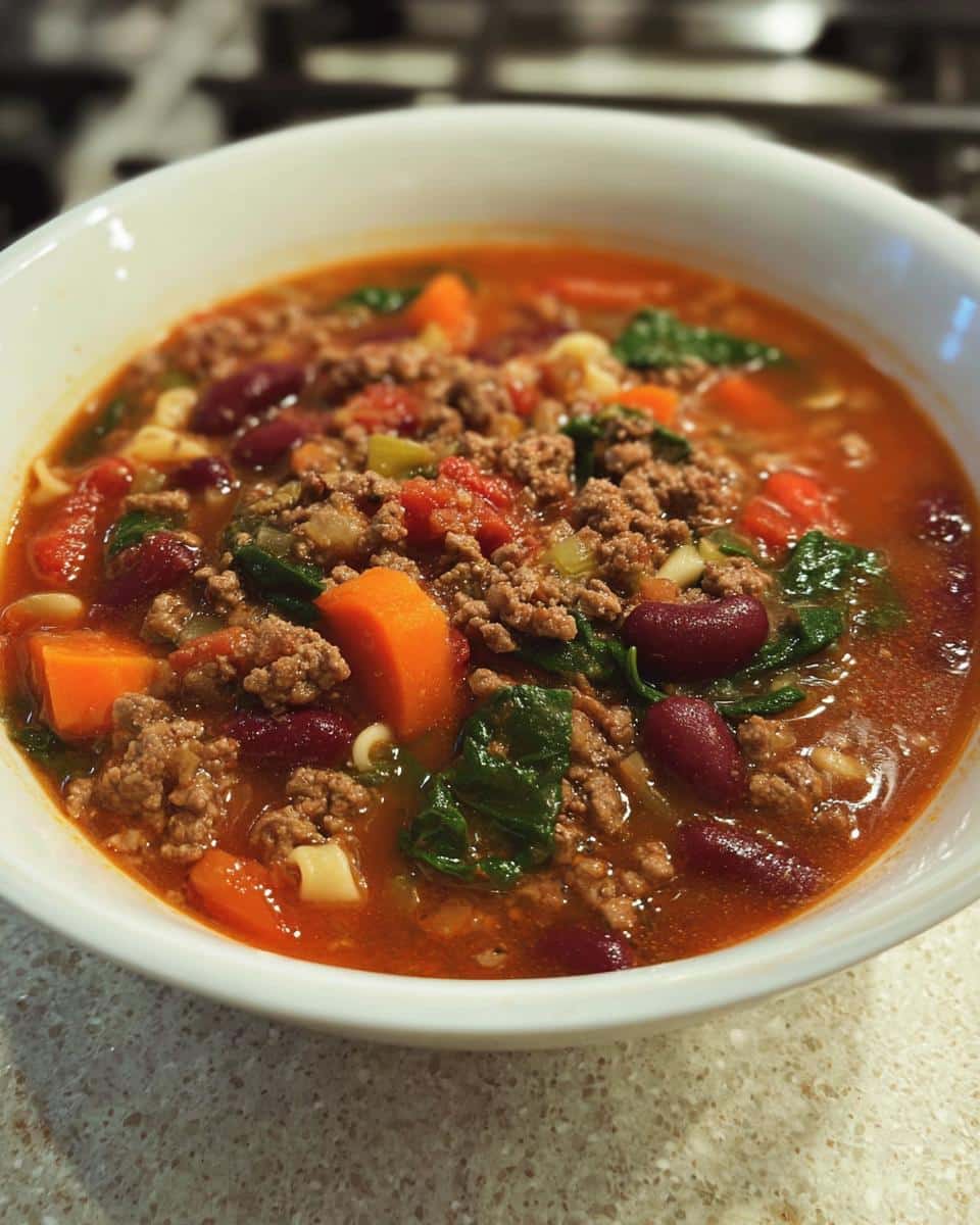 A close-up of a white bowl filled with rich Beef & Bean Protein Soup, featuring ground beef, kidney beans, carrots, and spinach.