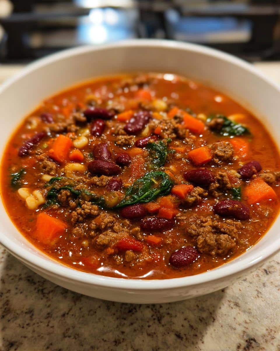 Close-up of a hearty bowl of Beef & Bean Protein Soup with ground beef, kidney beans, carrots, and spinach.