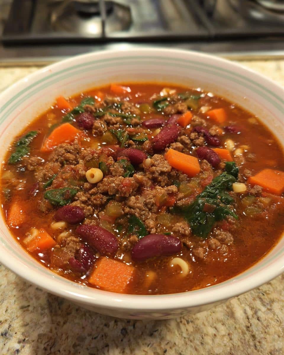 Close-up of a white bowl filled with rich Beef & Bean Protein Soup, showing ground beef, kidney beans, carrots, and spinach.