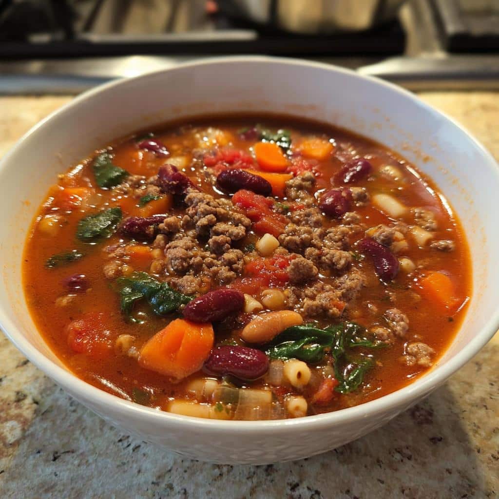 A close-up of a white bowl filled with rich Beef & Bean Protein Soup, featuring ground beef, kidney beans, and carrots.