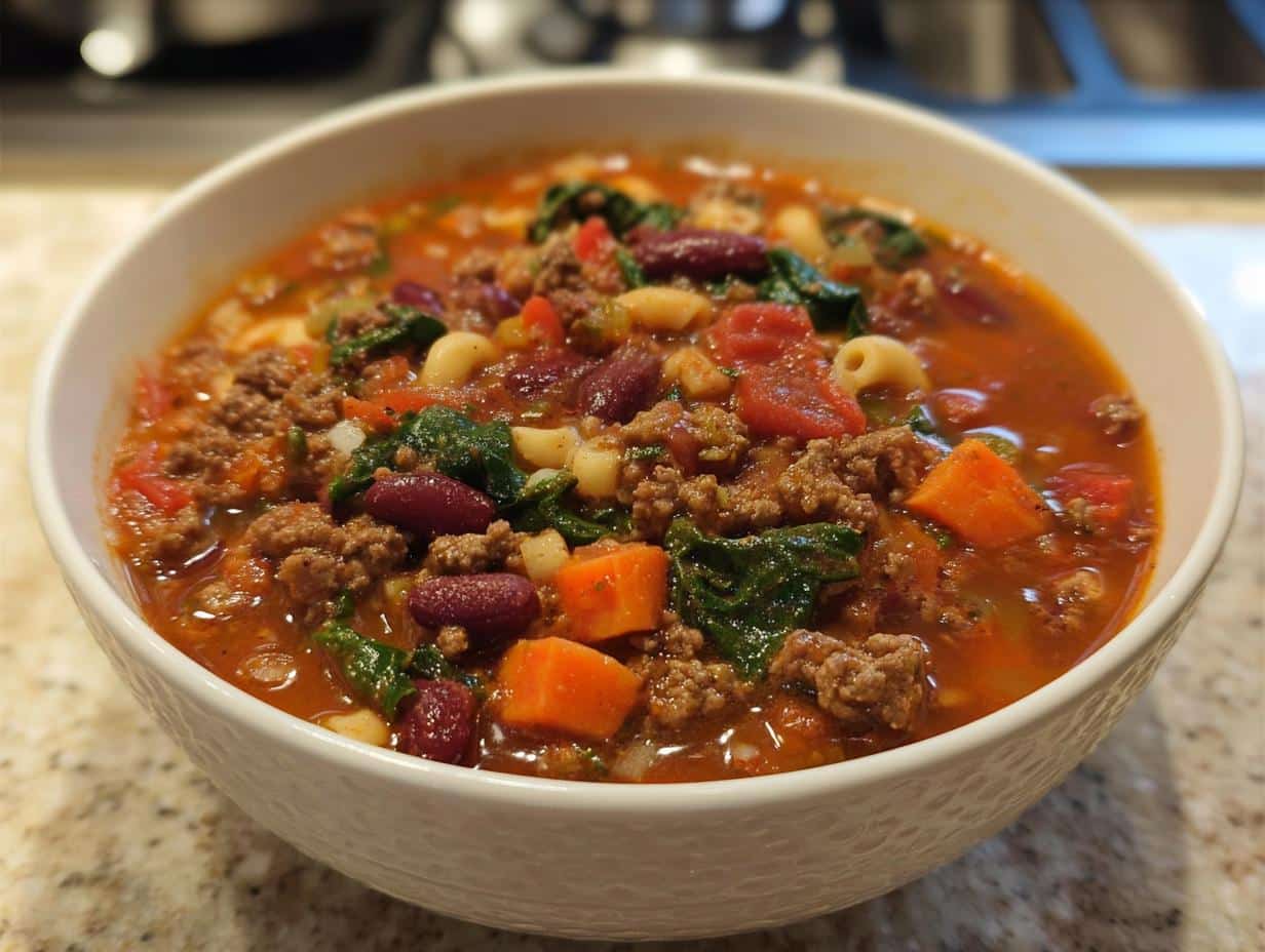 Close-up of a white bowl filled with rich Beef & Bean Protein Soup, showing ground beef, kidney beans, and vegetables.