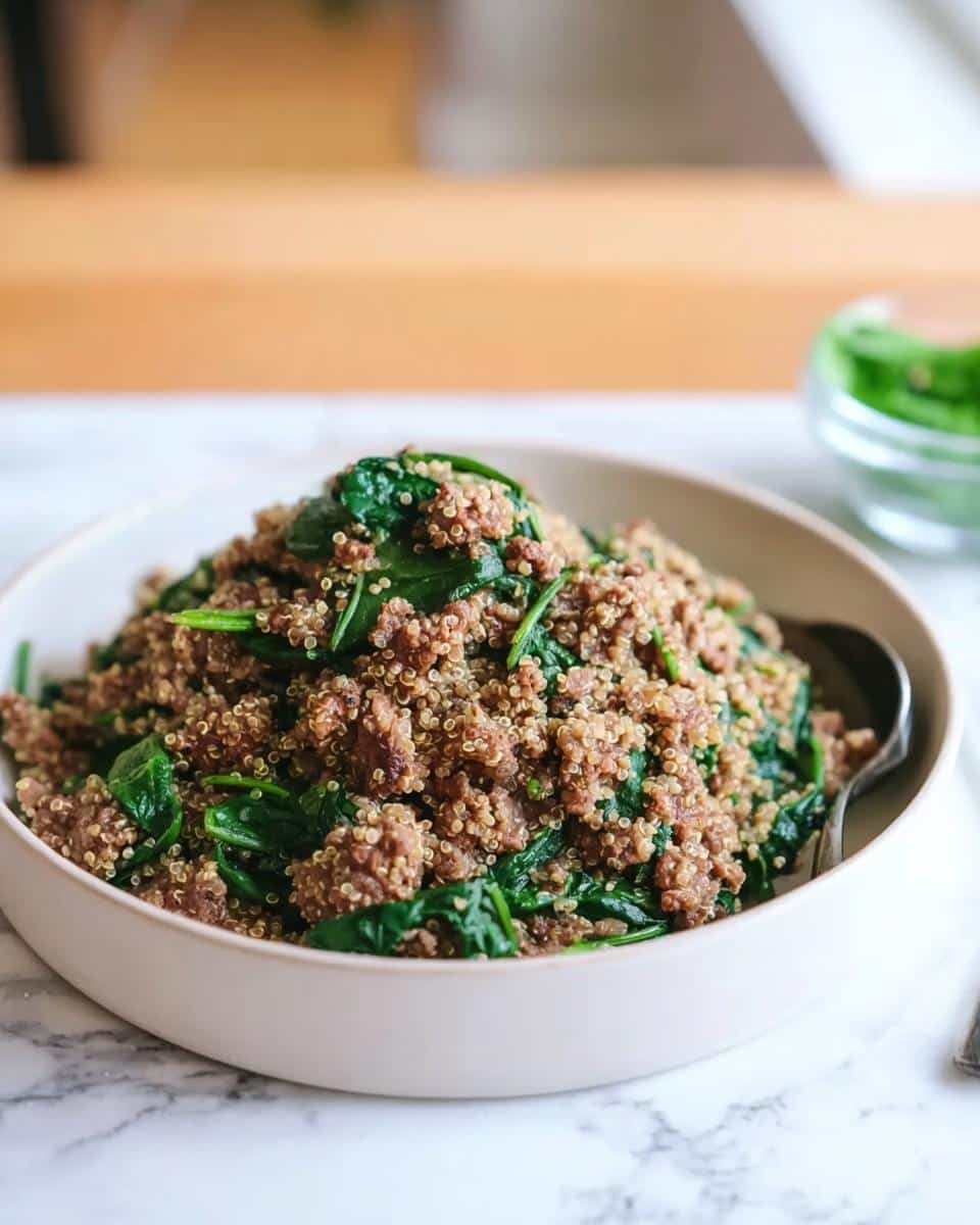 A close-up of a bowl filled with Beef & Quinoa Skillet mixed with wilted spinach.