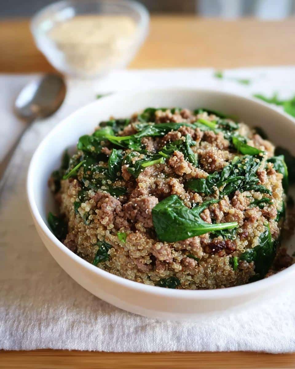 A close-up of a white bowl filled with Beef & Quinoa Skillet, topped with ground beef and wilted spinach.