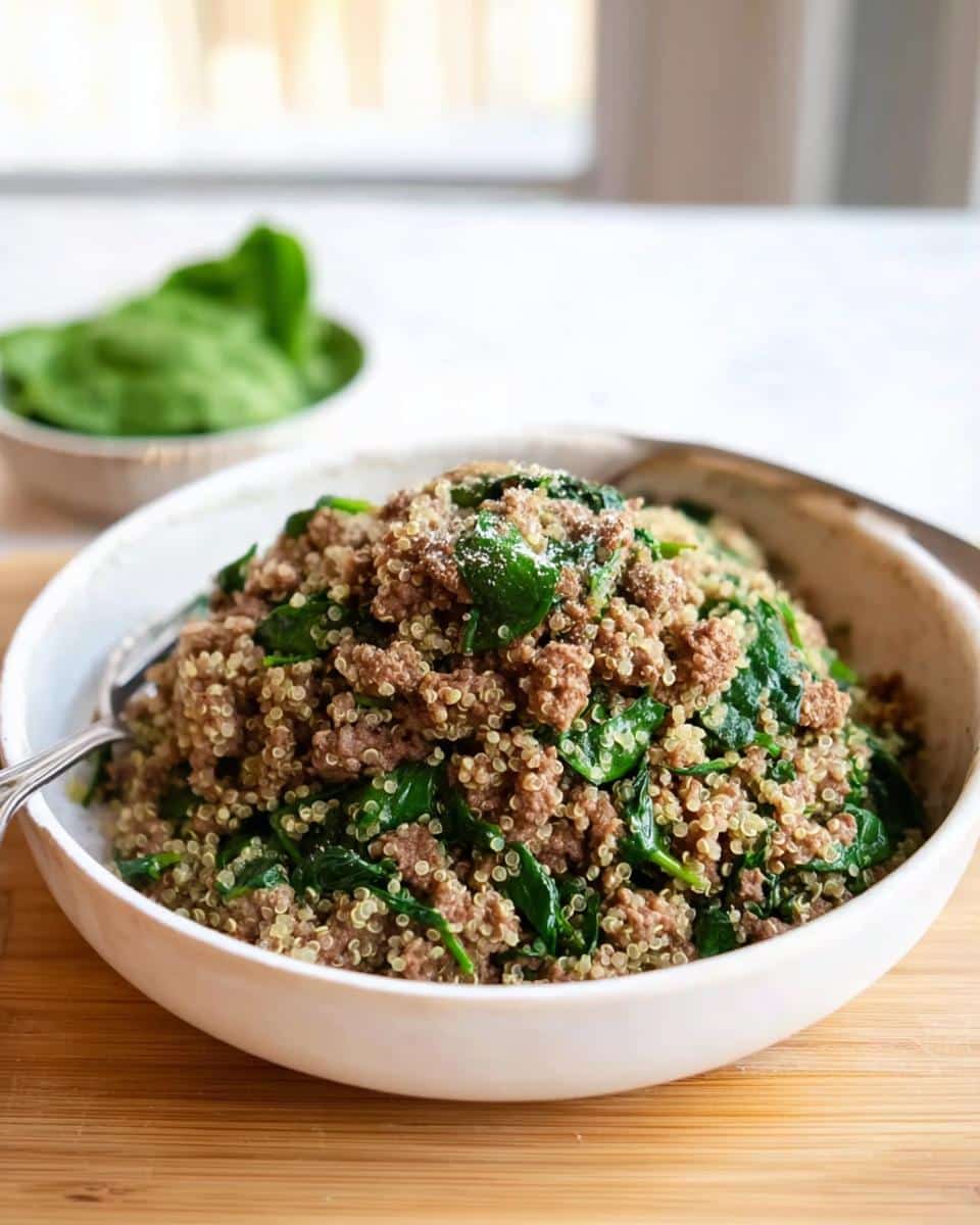A white bowl filled with Beef & Quinoa Skillet mixed with ground beef and wilted spinach, served on a wooden surface.