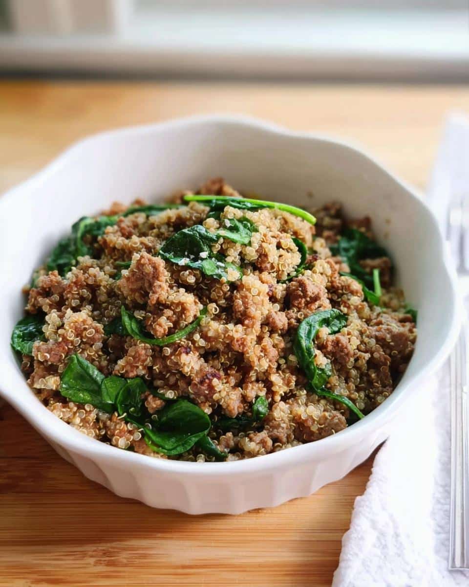 A white bowl filled with Beef & Quinoa Skillet mixed with wilted spinach leaves.