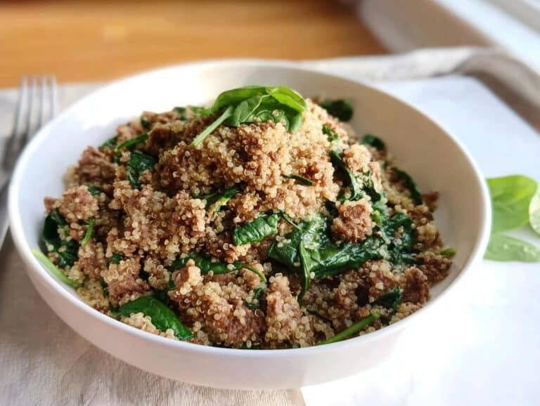 A white bowl filled with a hearty Beef & Quinoa Skillet mixed with wilted spinach and topped with a fresh basil leaf.
