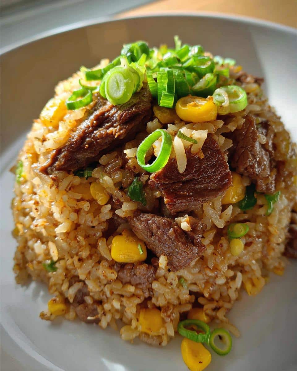 Close-up of a serving of Beef & Rice One-Pot Meal mixed with corn and topped generously with fresh green onions.