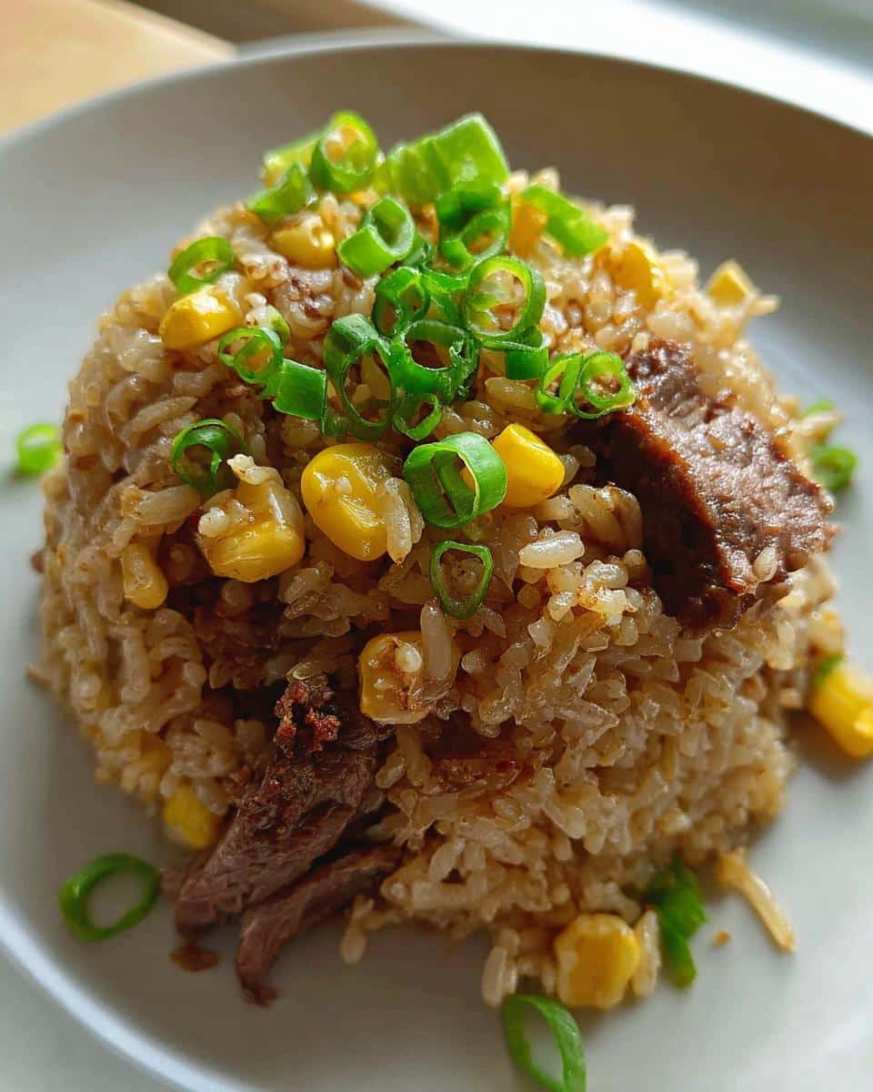 A serving of Beef & Rice One-Pot Meal shaped into a mound, topped generously with bright green sliced scallions and yellow corn kernels.