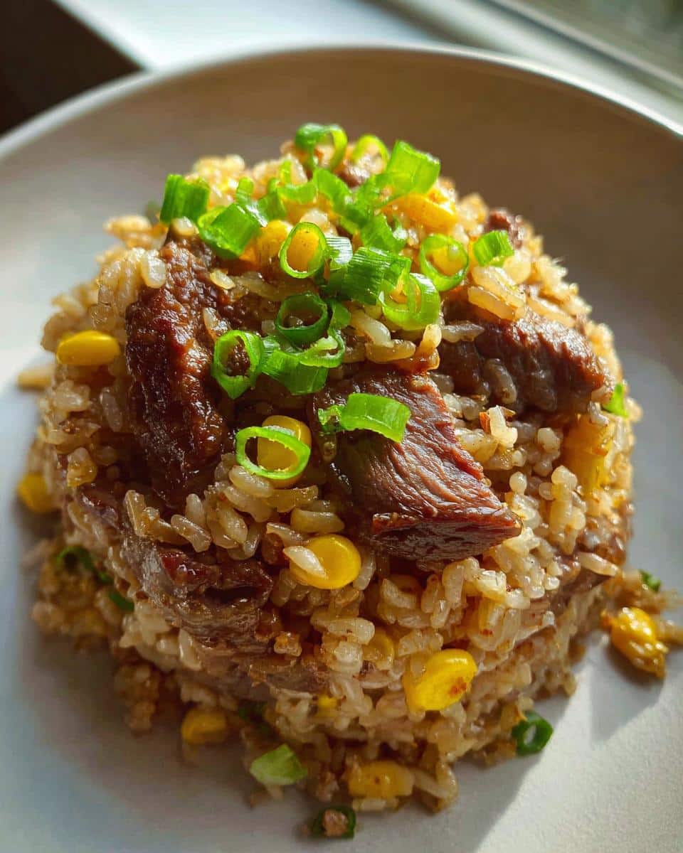 A serving of Beef & Rice One-Pot Meal, molded into a mound and topped with sliced green onions and corn kernels.