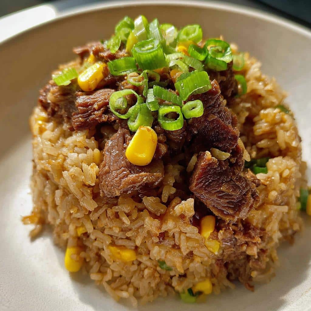 A mound of flavorful Beef & Rice One-Pot Meal topped with chunks of beef, corn, and fresh green onions.