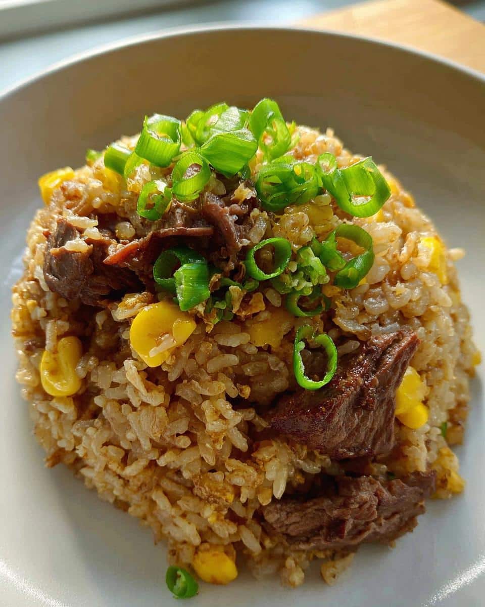 Close-up of a serving of Beef & Rice One-Pot Meal, featuring seasoned rice, chunks of beef, corn, and topped with fresh green onions.
