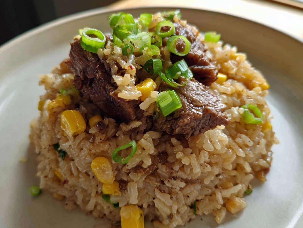A molded serving of savory Beef & Rice One-Pot Meal topped with chunks of beef and sliced green onions.