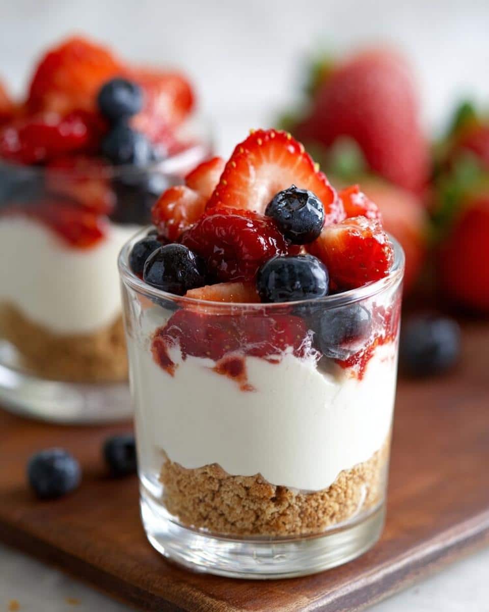 Close-up of one of the Cottage Cheese Dessert Cups layered with graham cracker crust, creamy filling, and fresh berries.