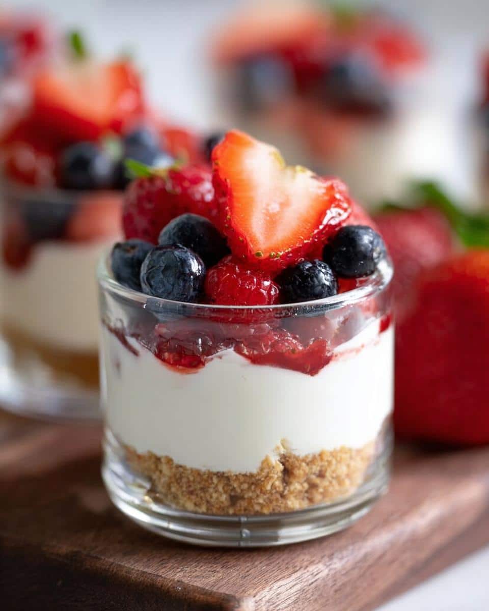 Close-up of a layered Cottage Cheese Dessert Cup with a graham cracker crust, white filling, and fresh berries on top.