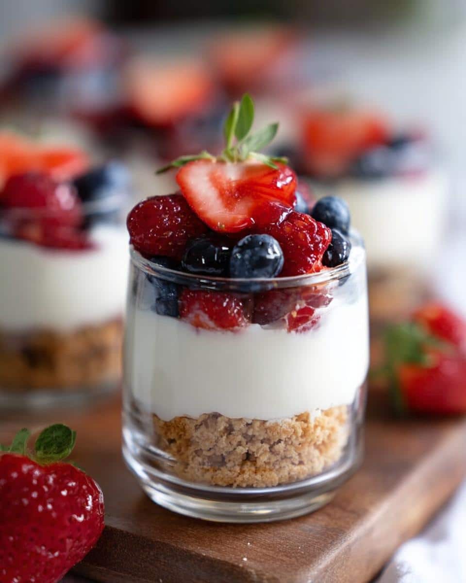 Close-up of a layered Cottage Cheese Dessert Cups with a graham cracker crust, creamy filling, and fresh mixed berries on top.
