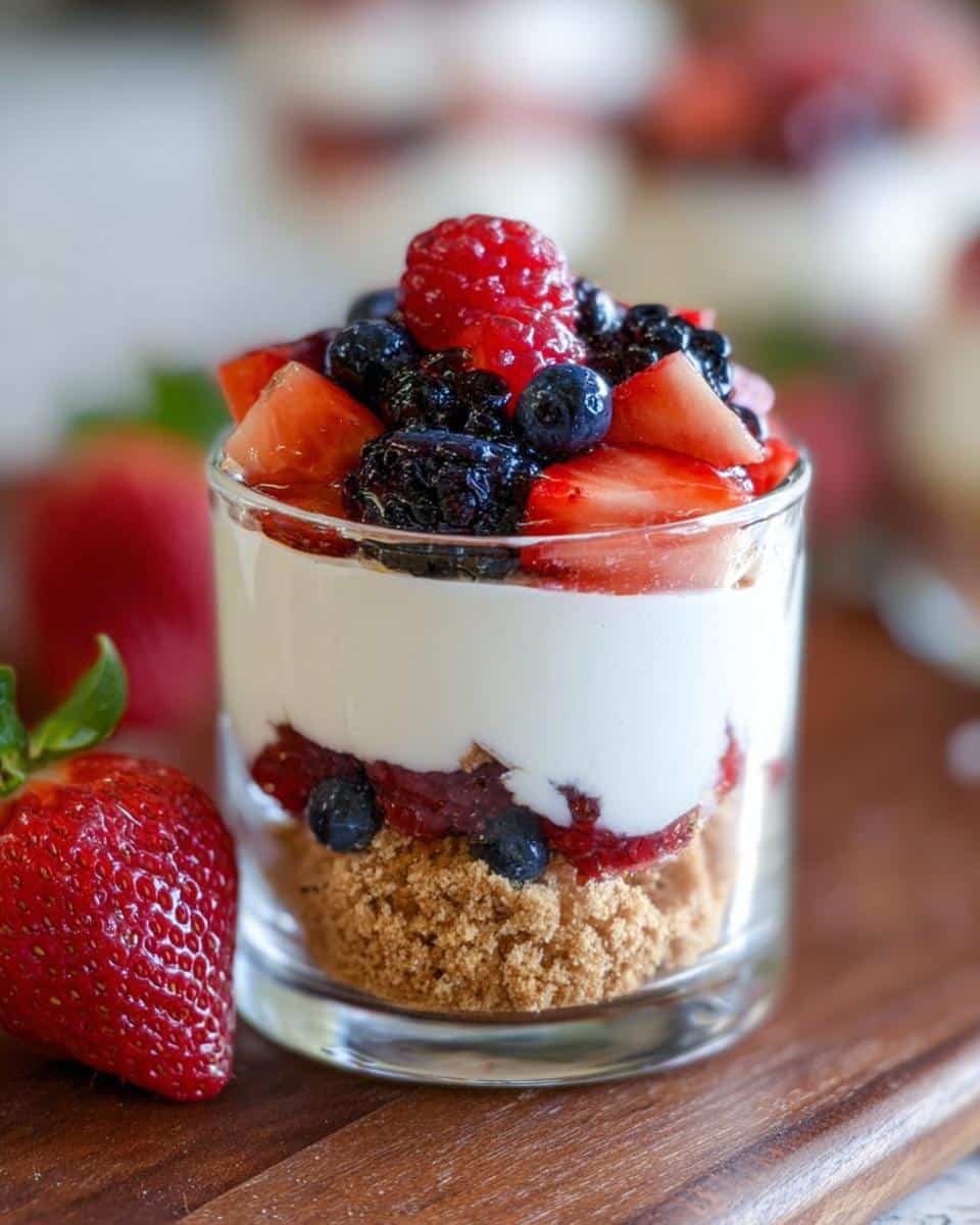 Close-up of a layered Cottage Cheese Dessert Cups featuring a graham cracker crust, creamy white filling, and mixed berries on top.