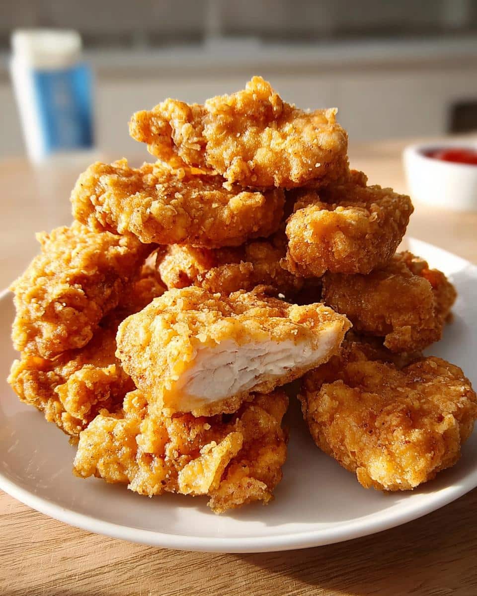 A close-up of a pile of golden brown, crispy homemade chicken nuggets, one broken open to show the juicy white meat inside.