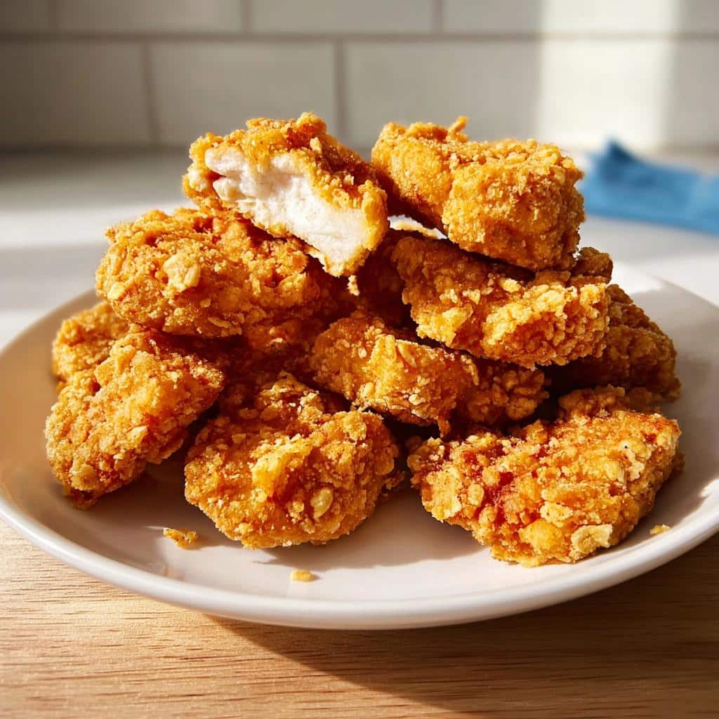 Close-up of a pile of crispy, golden-brown The Best Ever Chicken Nuggets, one cut open showing juicy white meat.