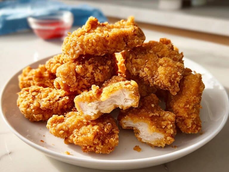 A pile of golden brown, crispy homemade chicken nuggets, one broken open showing the juicy white meat inside.