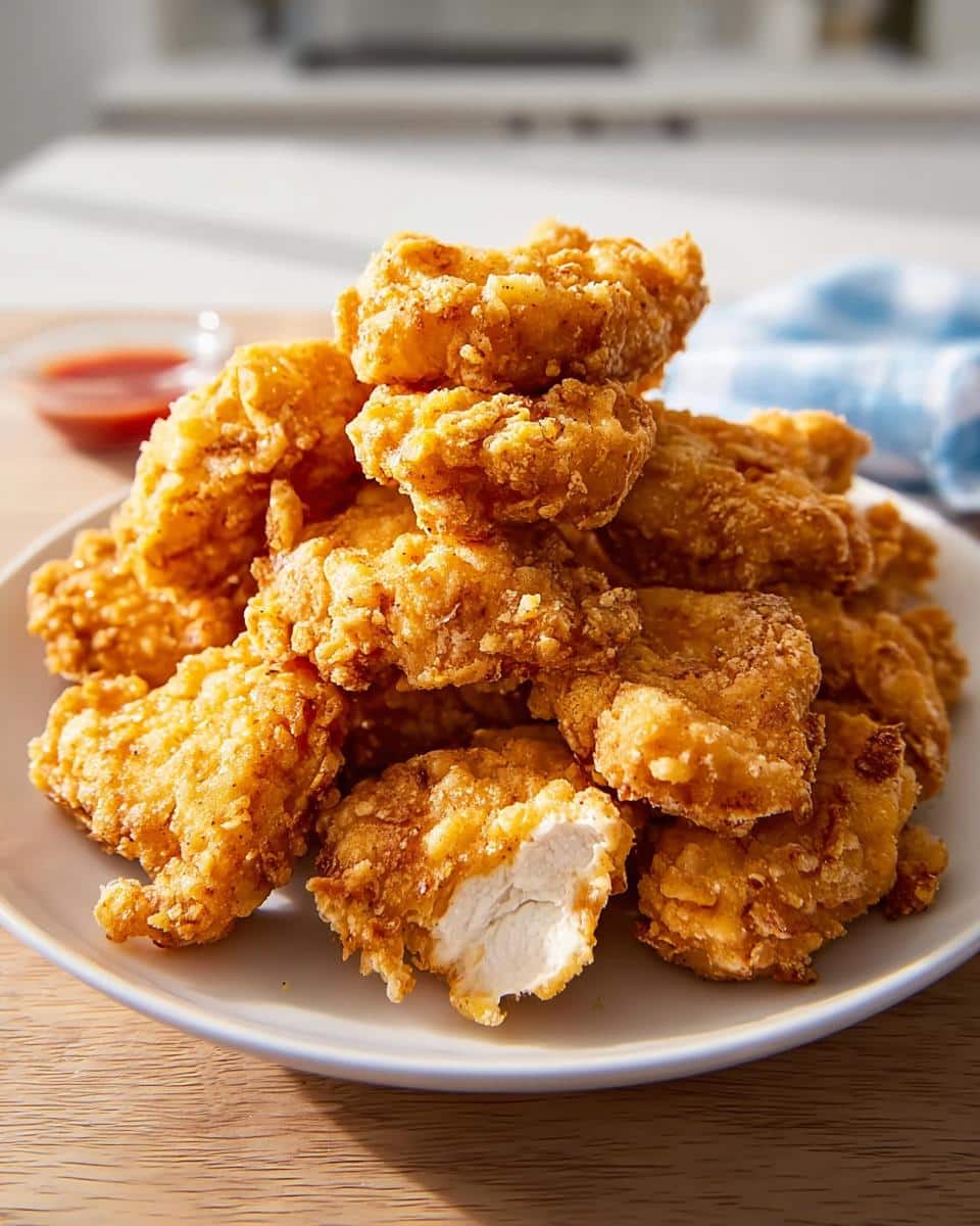 A close-up stack of golden brown, crispy homemade The Best Ever Chicken Nuggets on a white plate, one is bitten open showing white meat.