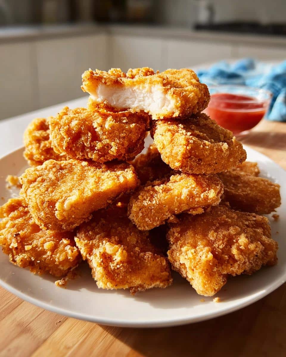 A close-up stack of golden brown, crispy The Best Ever Chicken Nuggets on a white plate, one nugget broken open showing juicy white meat.