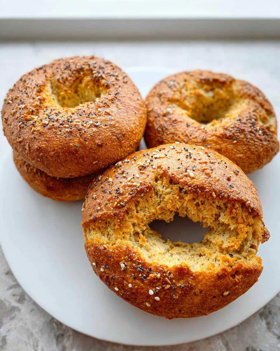A close-up of three golden-brown Best Keto Bagels (Almond Flour) topped with everything seasoning, resting on a white plate.