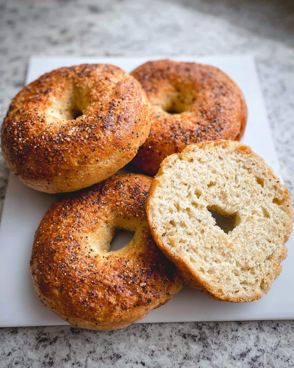 Three whole Best Keto Bagels topped with everything seasoning and one sliced in half showing the soft interior.