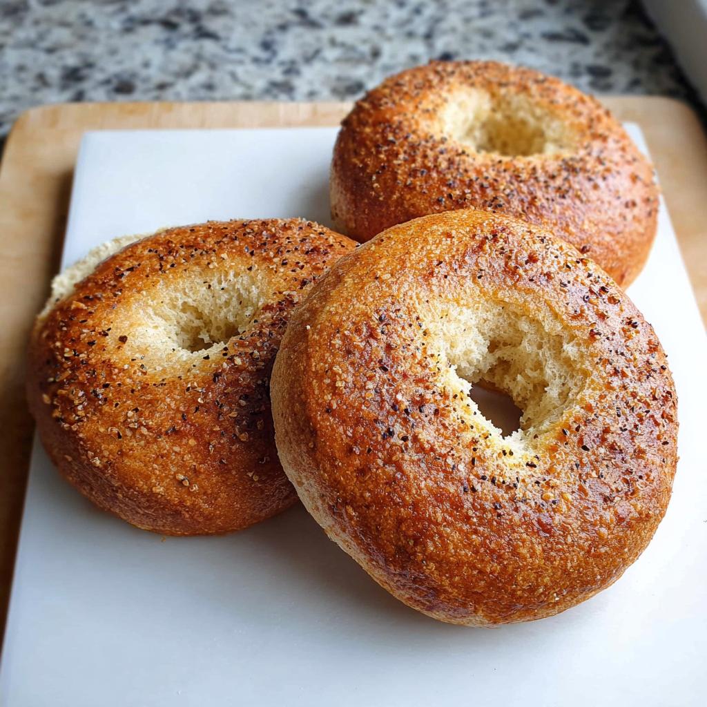 Three golden-brown Best Keto Bagels topped with everything bagel seasoning resting on a white cutting board.