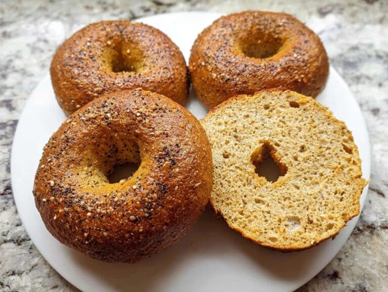 Three whole and one sliced of the Best Keto Bagels (Almond Flour) topped with everything seasoning on a white plate.