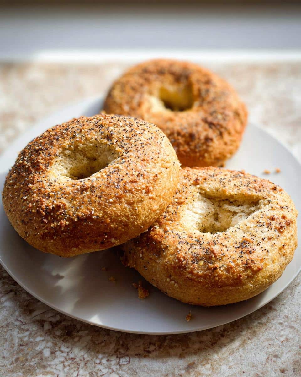 Three golden brown Best Keto Bagels (Almond Flour) topped with seeds resting on a light gray plate.