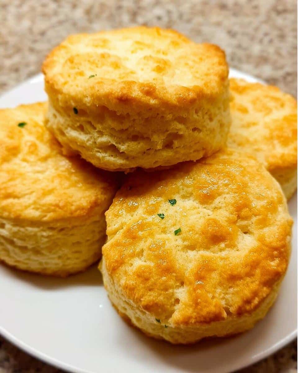 A stack of four golden-brown, fluffy Buttery Keto Biscuits garnished with tiny green herbs on a white plate.