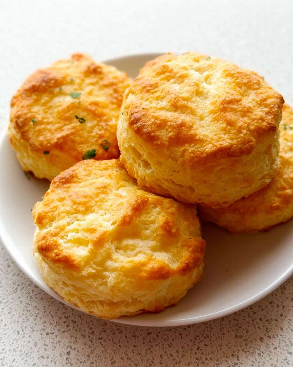 A stack of four golden brown, flaky Buttery Keto Biscuits served on a small white plate.
