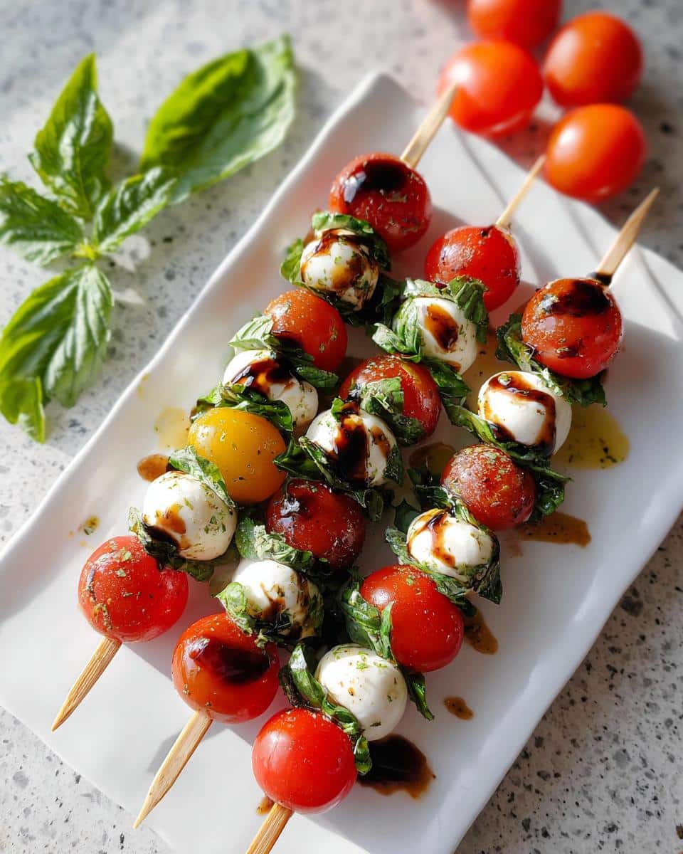 Three skewers featuring cherry tomatoes, mozzarella balls, and basil leaves, drizzled with balsamic glaze, making delicious Caprese Skewers.