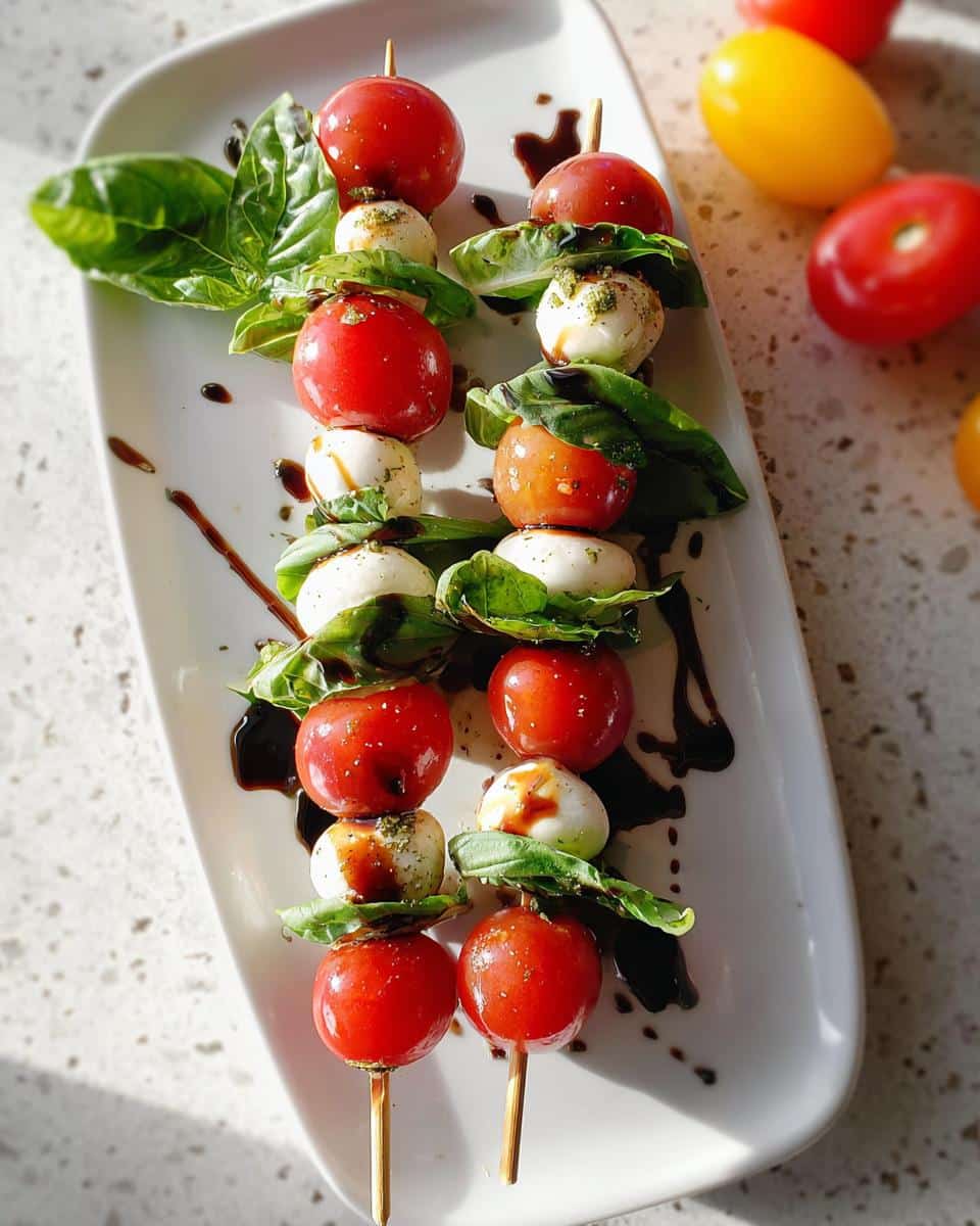 Two skewers loaded with cherry tomatoes, mozzarella balls, and basil leaves, drizzled with balsamic glaze, making delicious Caprese Skewers.