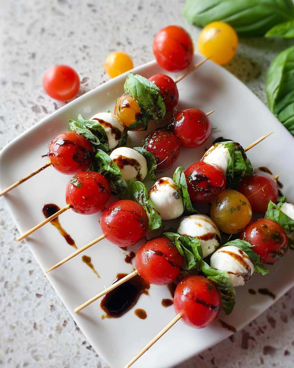 Four Caprese Skewers featuring cherry tomatoes, mozzarella balls, and basil, drizzled with balsamic glaze.