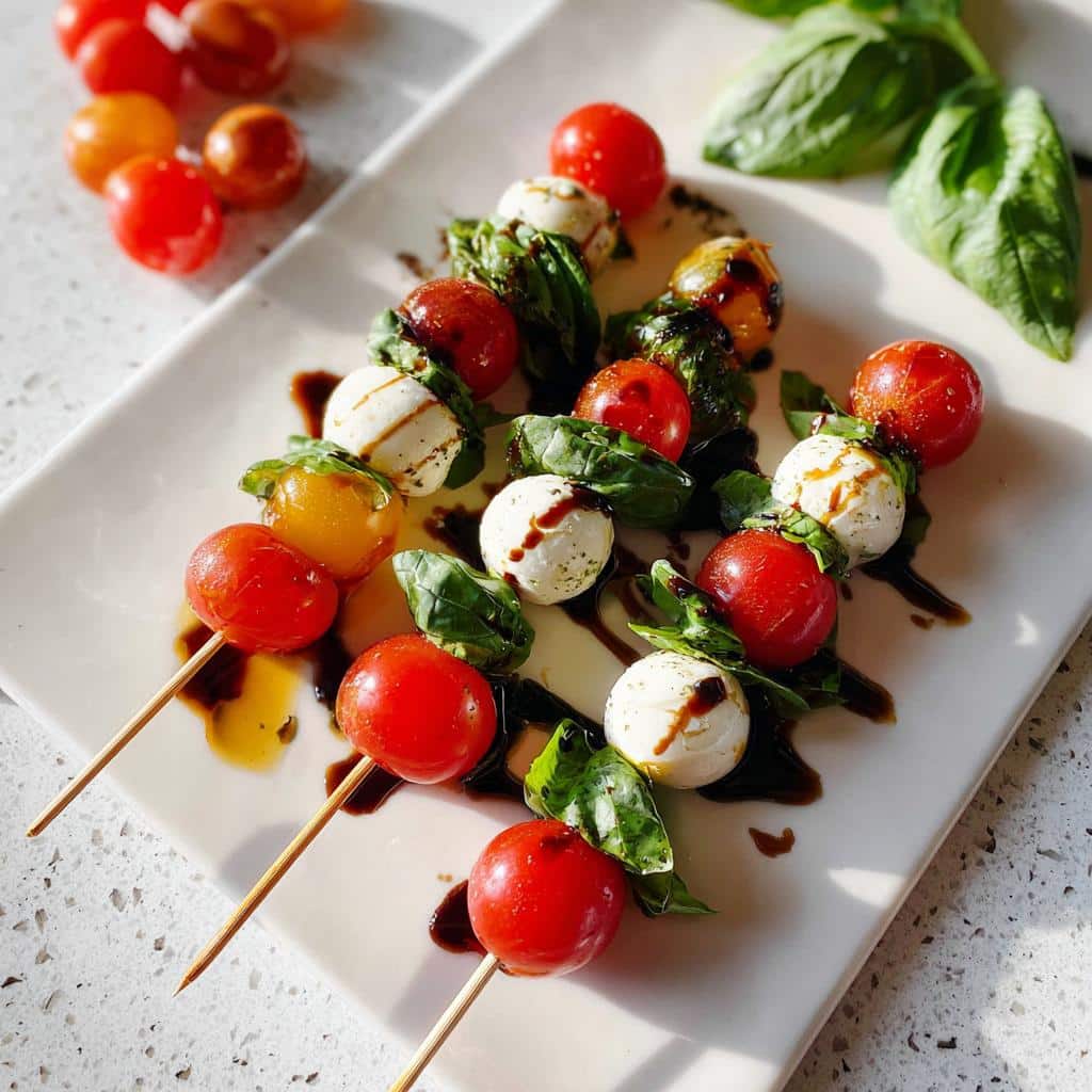 Three Caprese skewers featuring cherry tomatoes, mozzarella balls, and basil, drizzled with balsamic glaze.