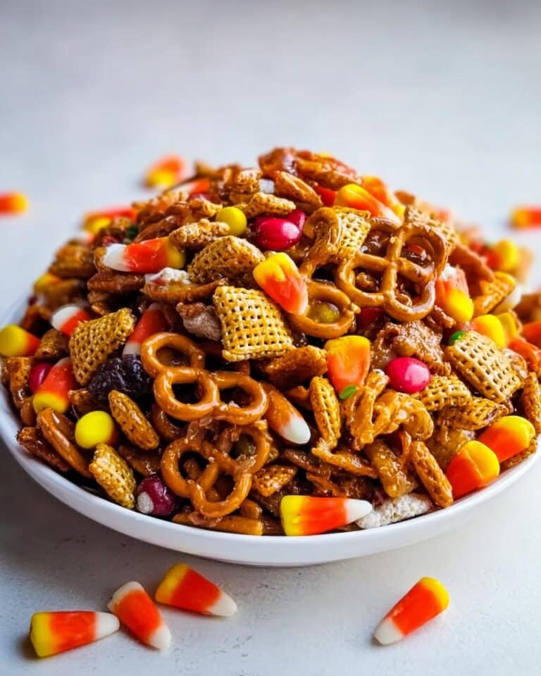 A close-up of a large bowl overflowing with Caramel Pretzel Christmas Mix, featuring pretzels, cereal, and candy corn.