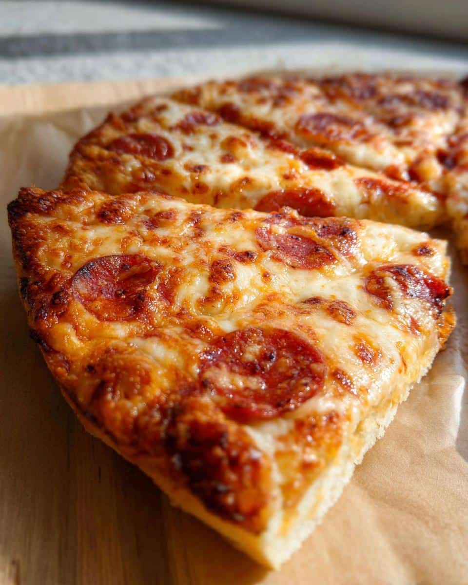 Close-up of a thick slice of pepperoni Cast Iron Skillet Pizza showing a golden, bubbly cheese crust.