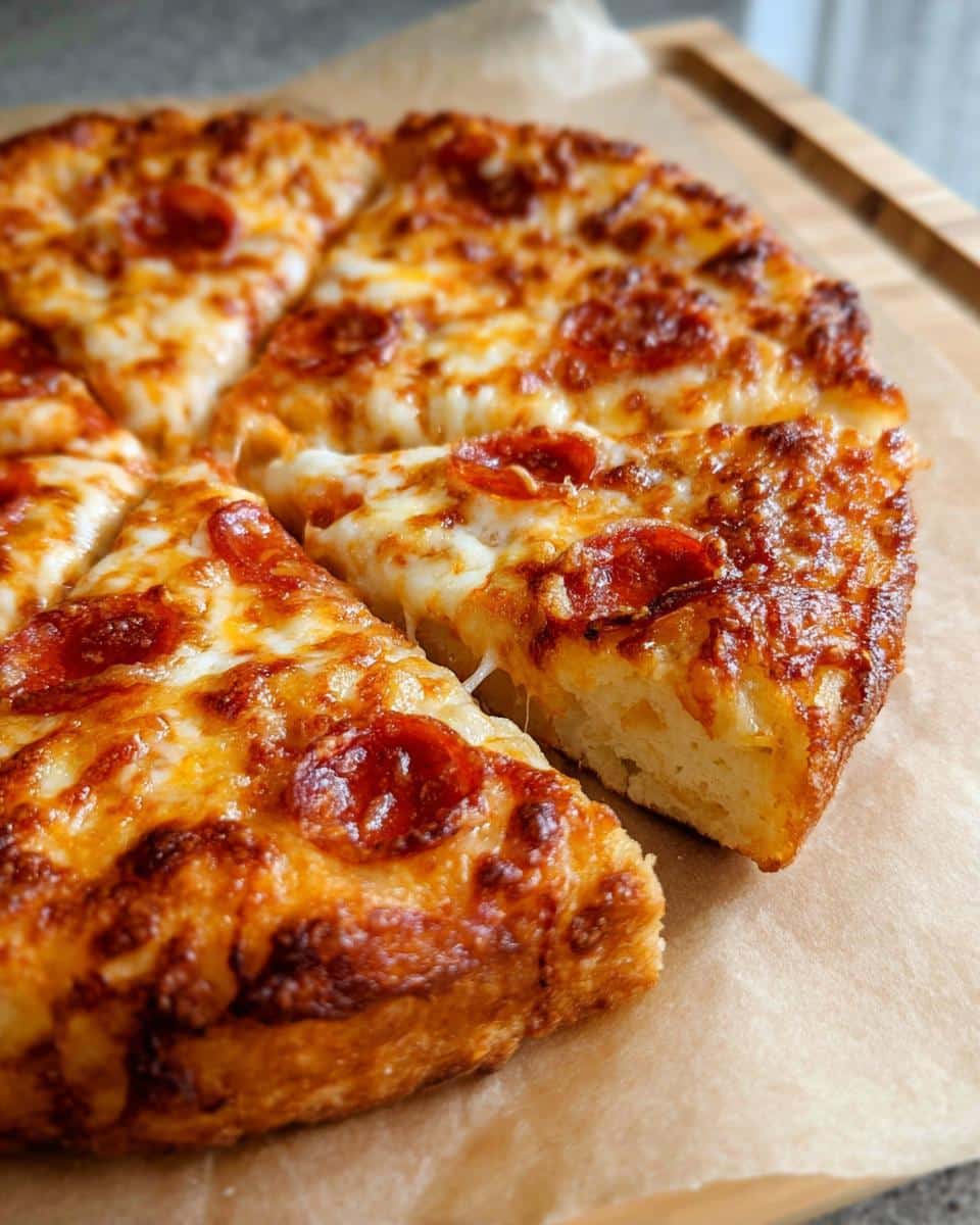 Close-up of a thick-crust pepperoni Cast Iron Skillet Pizza, showing a slice pulled away revealing the cheesy interior and golden crust.