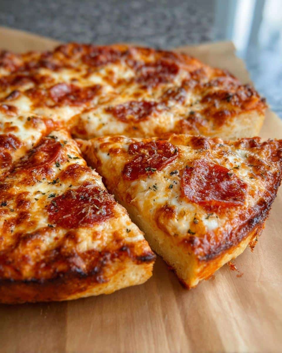 Close-up of thick-crust Cast Iron Skillet Pizza topped with melted cheese and pepperoni, cut into slices.